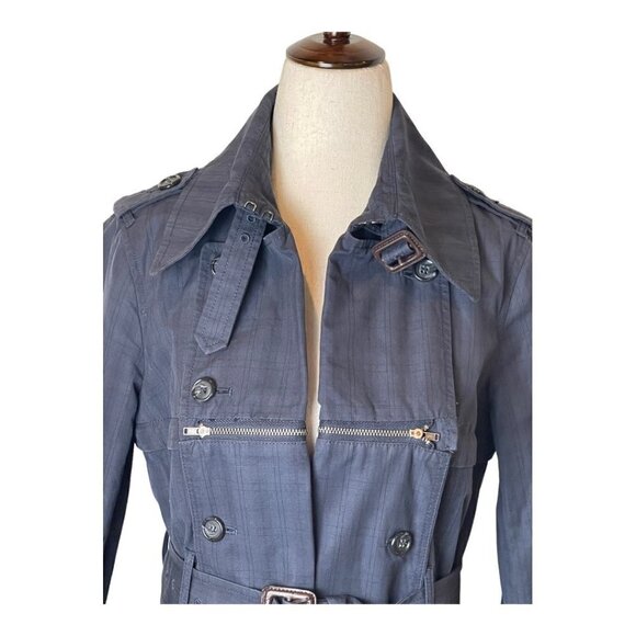 Elizabeth And James Navy Blue Plaid Collared Convertible Trench‎ Coat Size XS - Picture 3 of 11